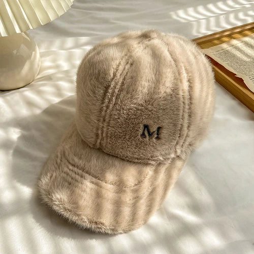 M Letter Rabbit Fur Blended Cap