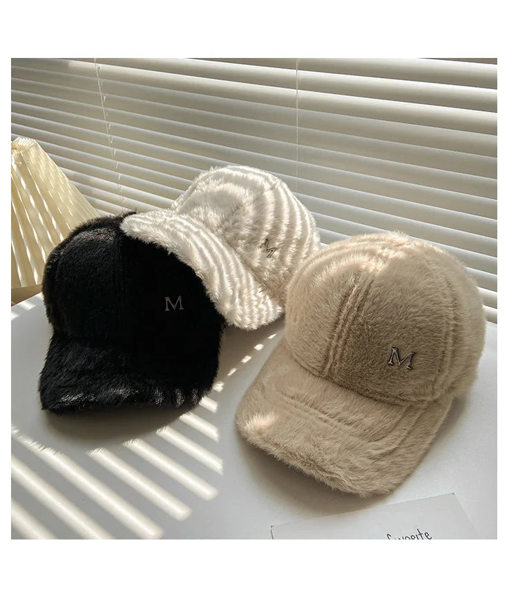 M Letter Rabbit Fur Blended Cap