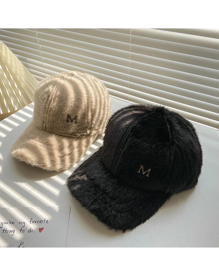 M Letter Rabbit Fur Blended Cap